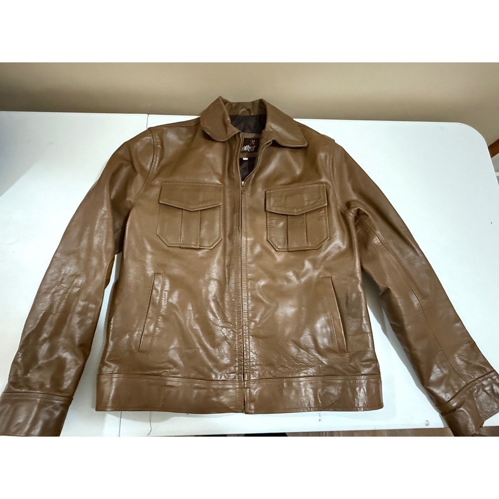 Vintage Real Leather Brown Zip Up Jacket Mens Large Chest Pockets Zipper Cuffs